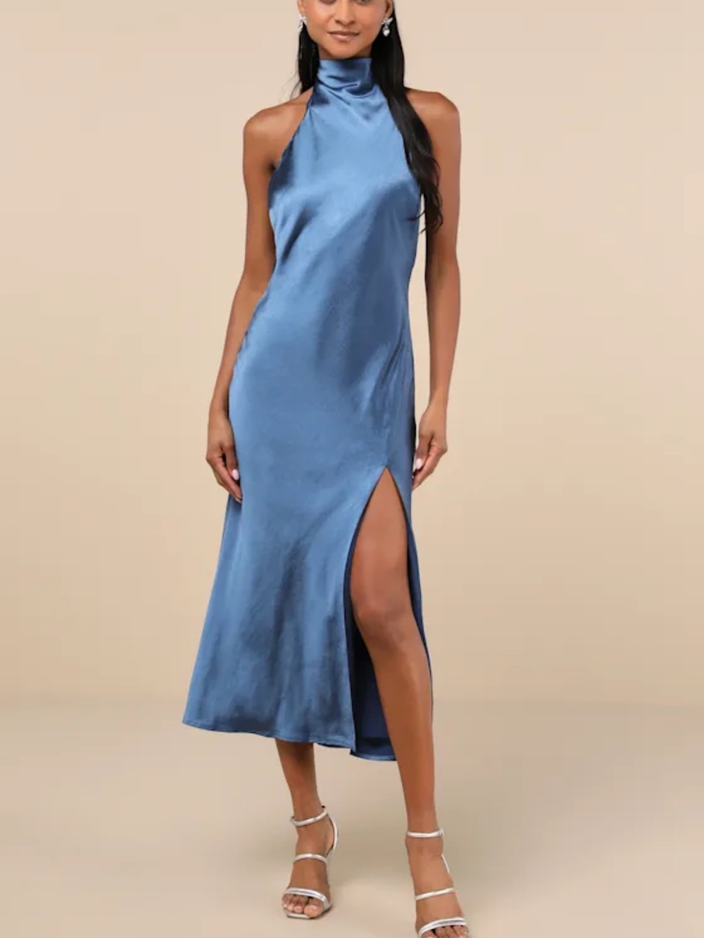 Lulus Exceptional Status Blue Halter Backless Slip Midi Dress